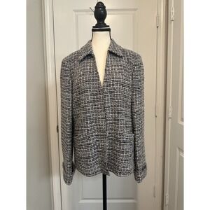 Lafayette 148 NY Wool Silk‎ Blend Tweed Jacket Size 12 Navy Cream Bouclé Blazer